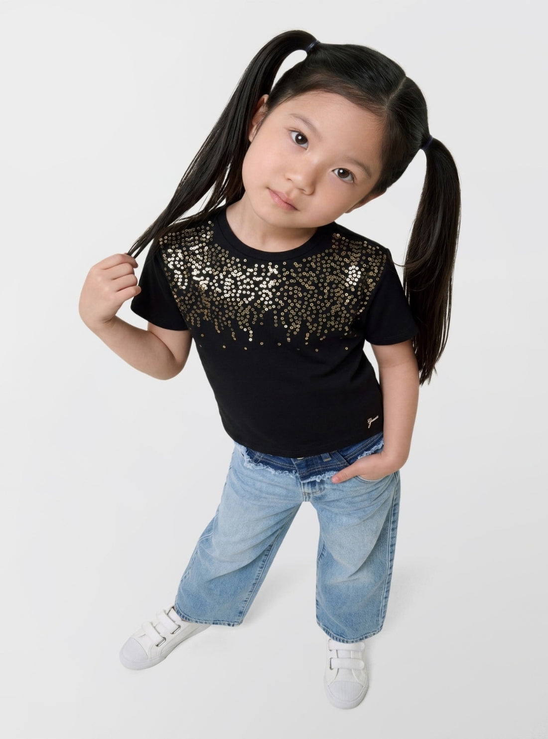 GUESS Kids Black Sequin Batwing T-Shirt (7-16) J6BI10K5787 Model View
