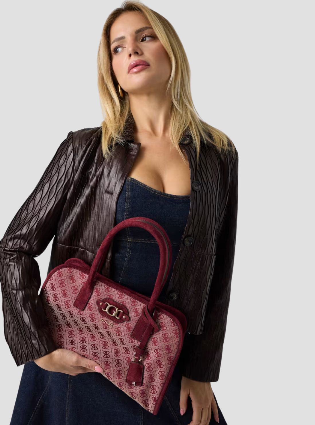 GUESS Womens Red Logo Samantha Girlfriend Satchel Bag JG231306 Model View