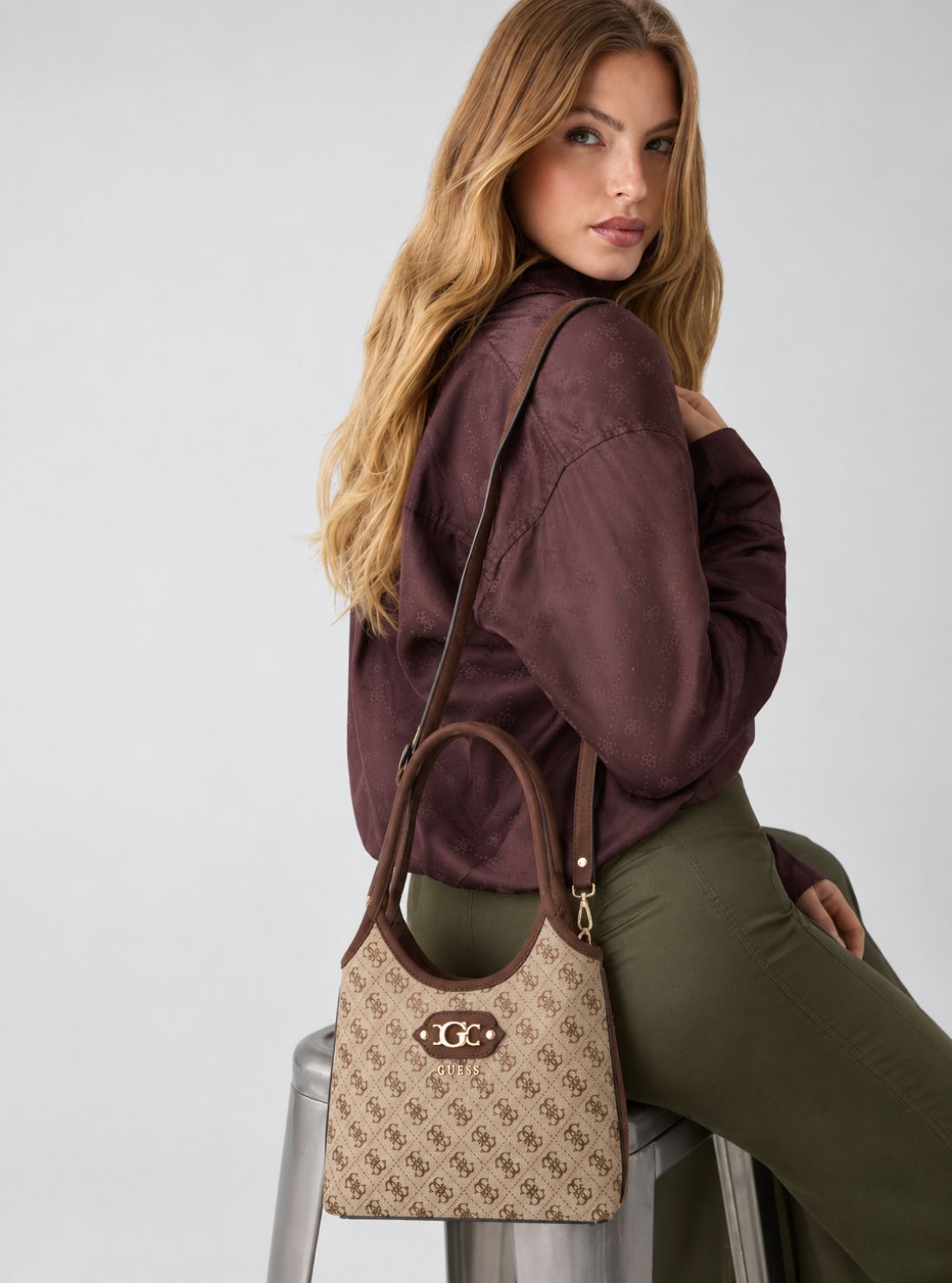 GUESS Womens Brown Logo Samantha Mini Tote Bag JG231375 Model View2