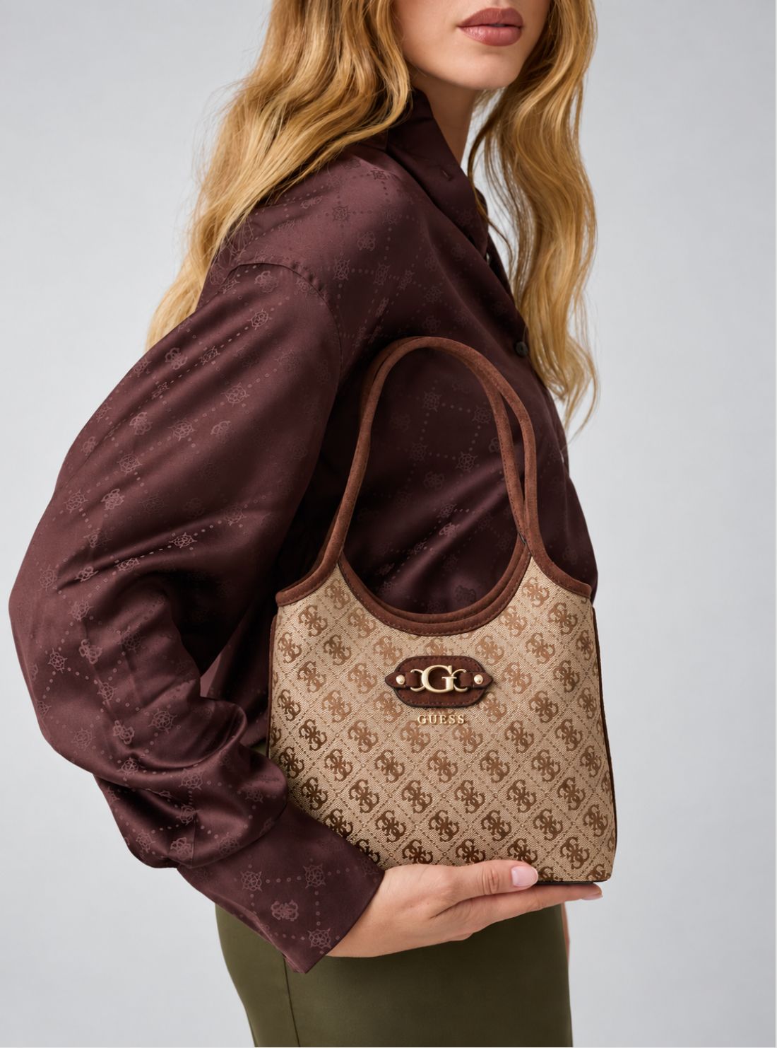 GUESS Womens Brown Logo Samantha Mini Tote Bag JG231375 Model View