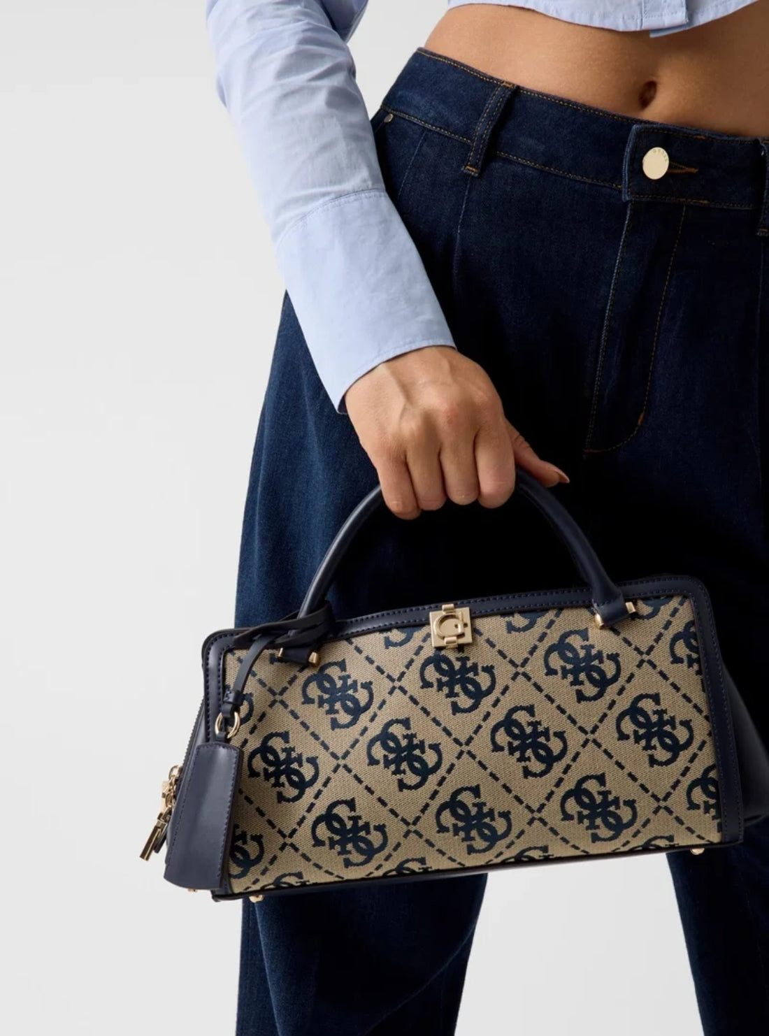 GUESS Womens Navy Logo Audrey Small Girlfriend Satchel JG975506 Model View