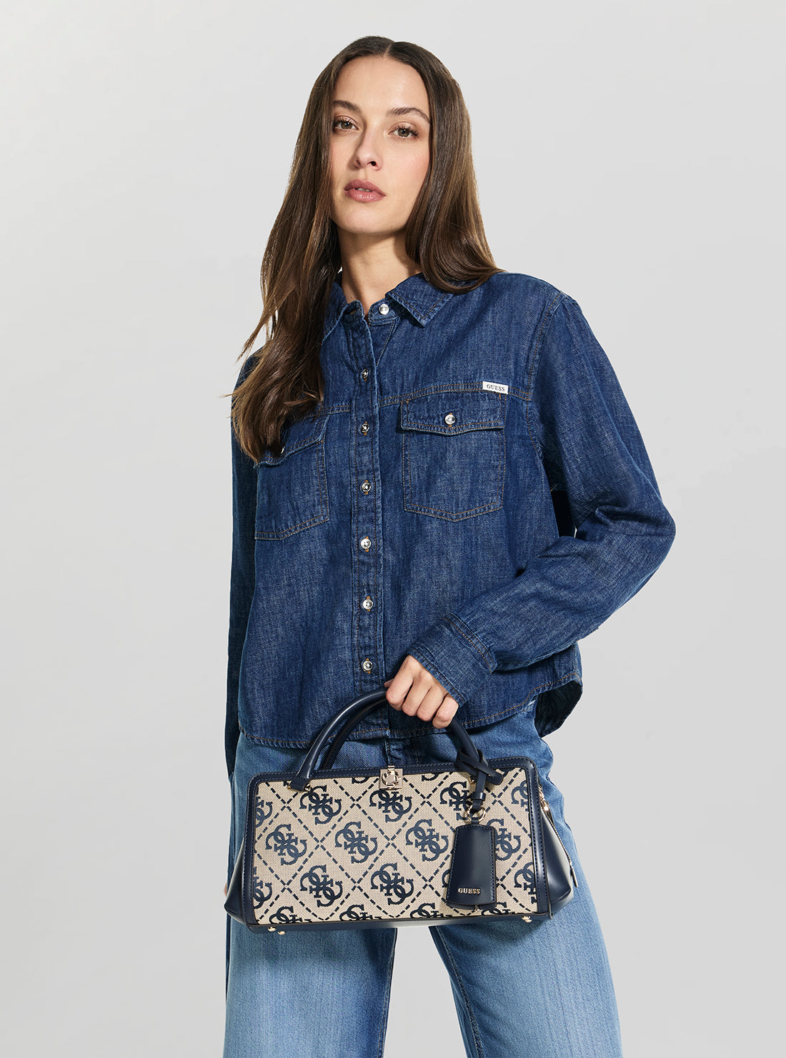 GUESS Womens Navy Logo Audrey Small Girlfriend Satchel JG975506 Model View