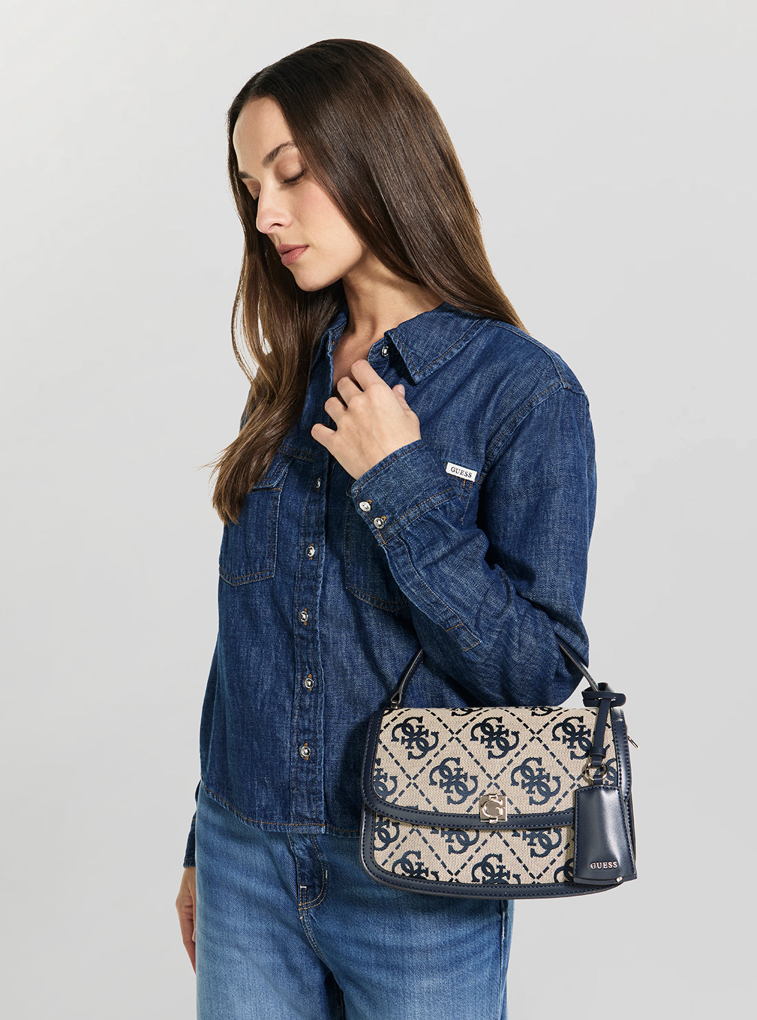 GUESS Womens Blue Logo Audrey Crossbody Flap Bag JG975521 Model View