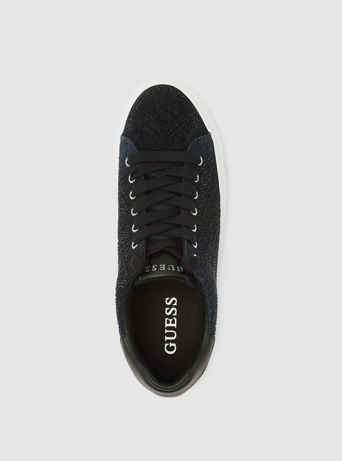 GUESS Womens Footwear Black Joeraya Rhinestone Logo Sneakers JOERAYA Top View