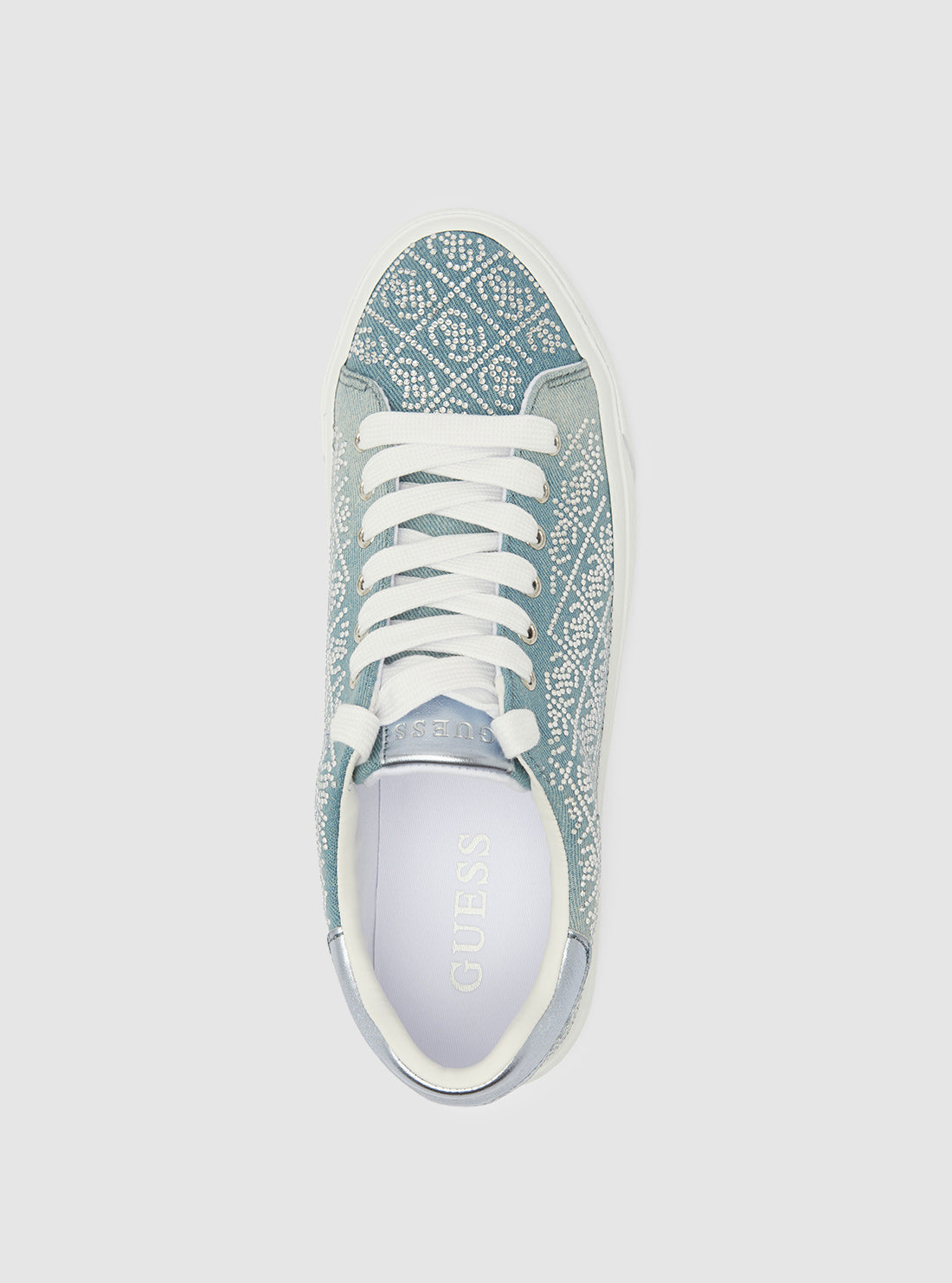 GUESS Womens Blue Joeraya Rhinestone Logo Sneakers JOERAYA2 Top View