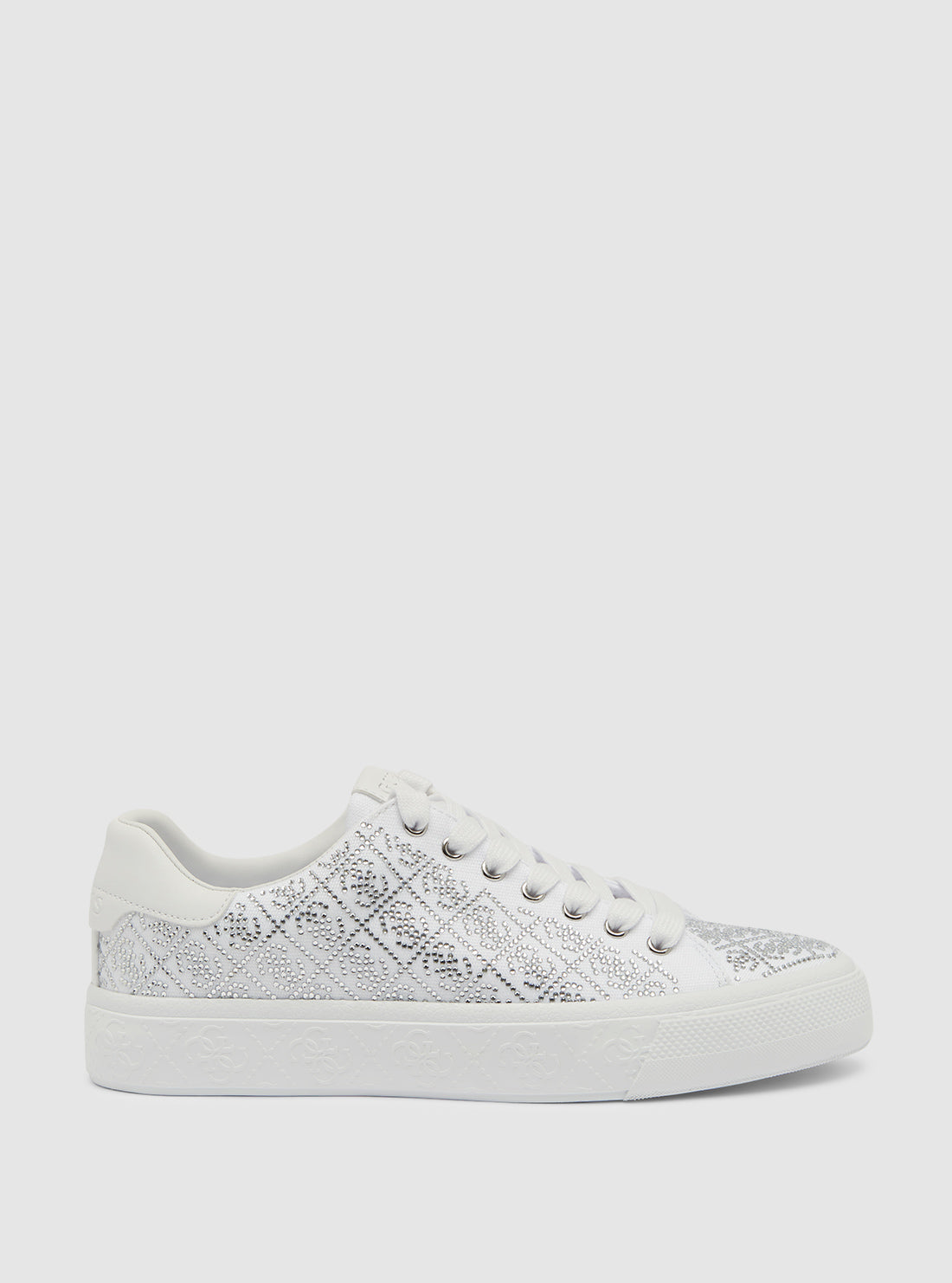 GUESS Womens Footwear White Joeraya Rhinestone Logo Sneakers JOERAYA Side View