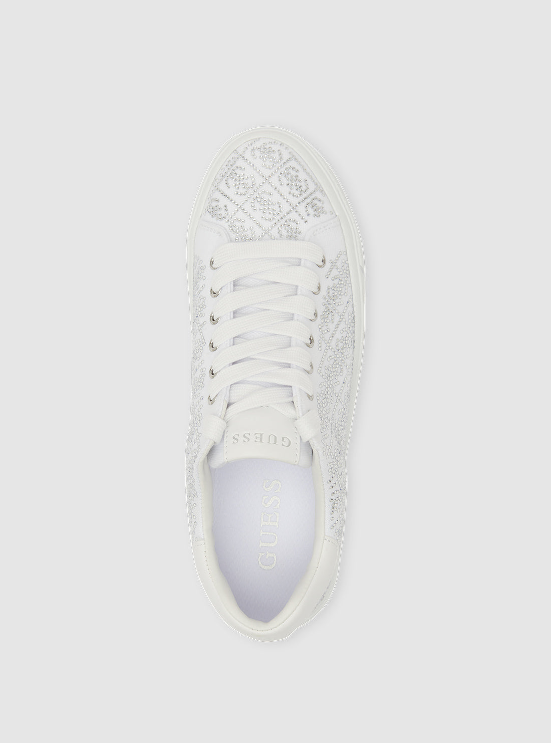 GUESS Womens Footwear White Joeraya Rhinestone Logo Sneakers JOERAYA Front Top View