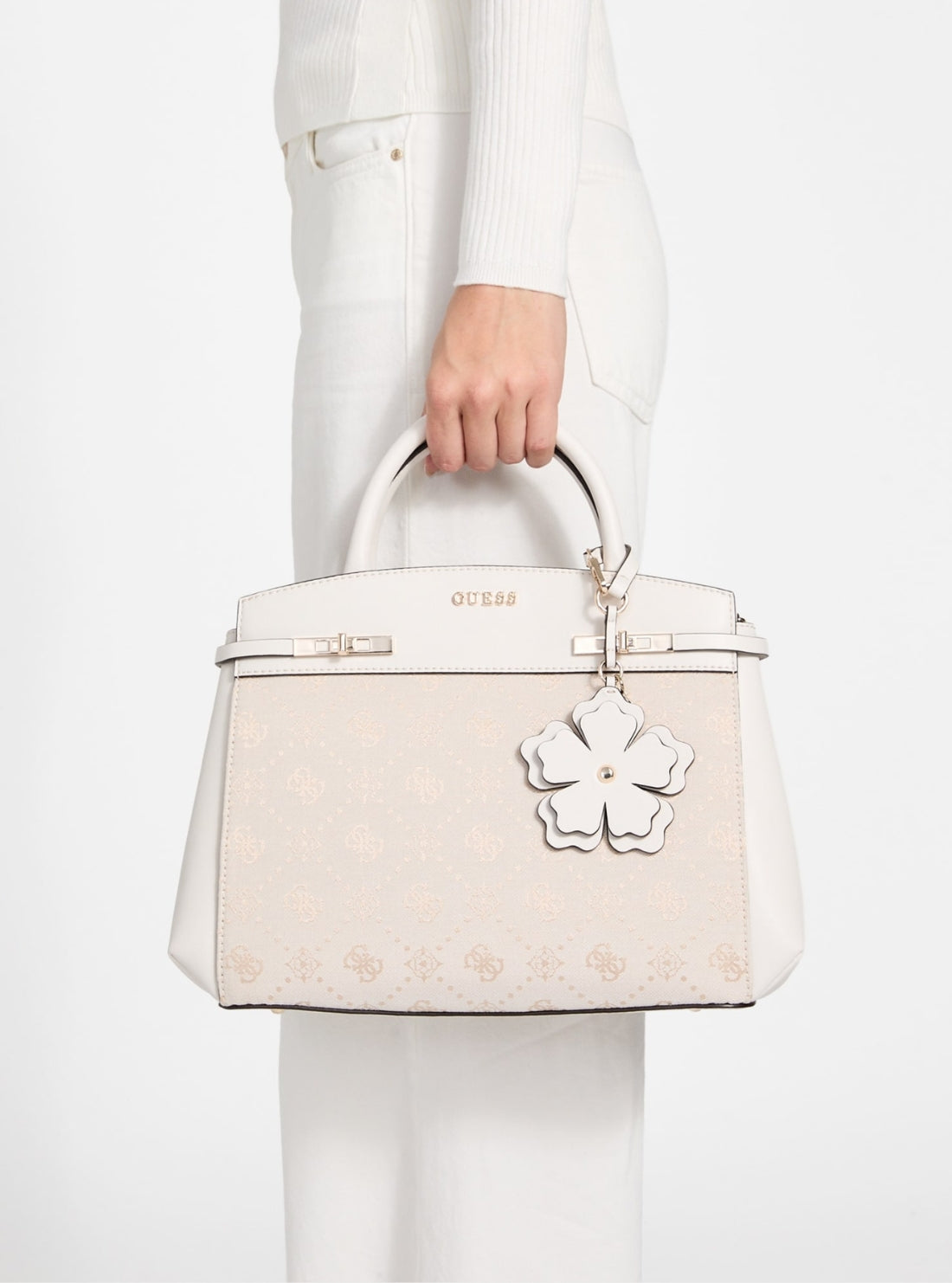 GUESS Womens White Logo Melinda Triple Compartment Satchel Bag JP990206 Model View