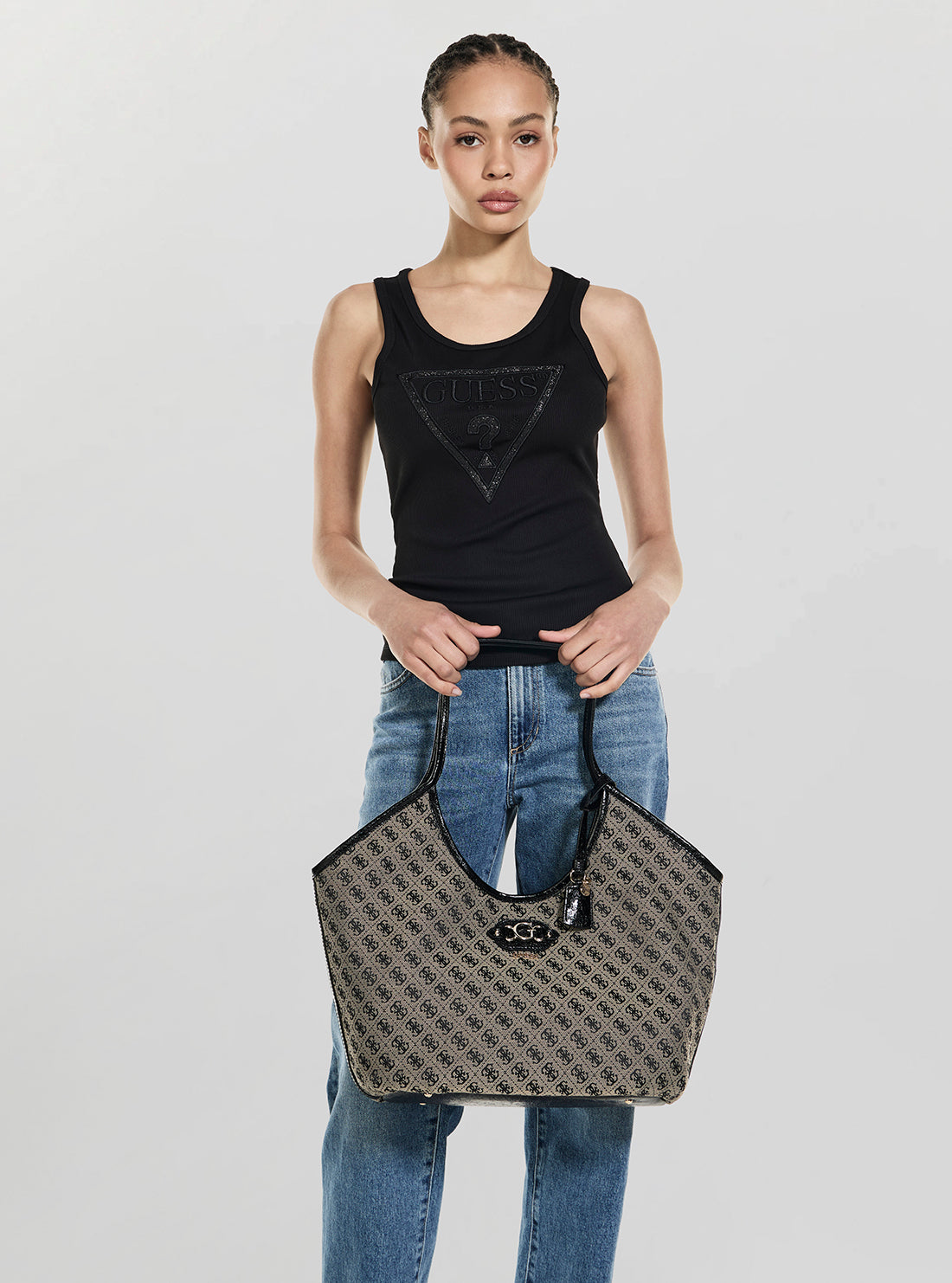 GUESS Womens Black Logo Samantha Girlfriend Tote Bag JT231323 Model View
