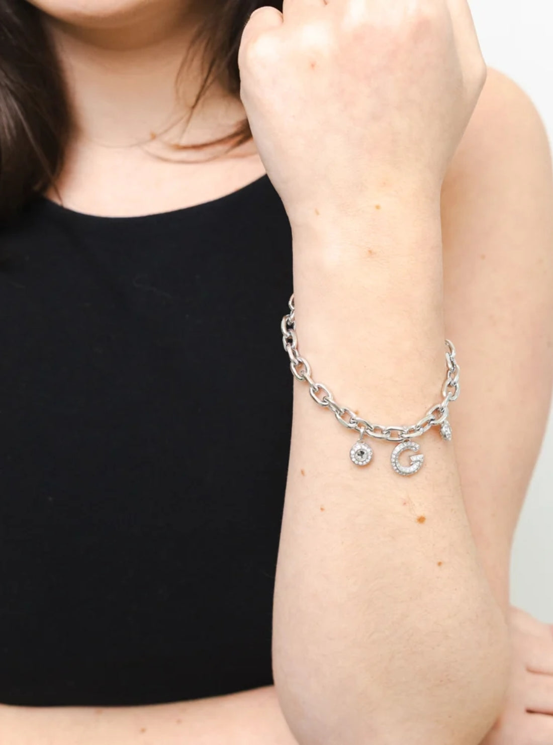 GUESS Accessories Silver G Pavé Multi Charm Bracelet JUBB05445JW Front View