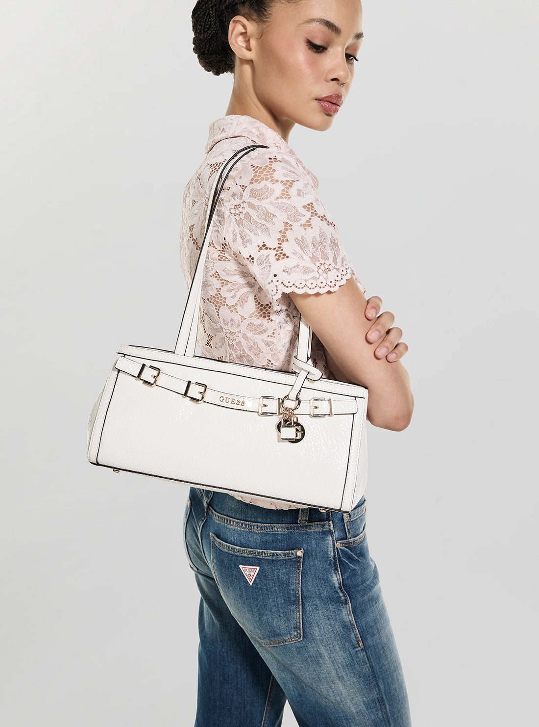 GUESS Womens White Dovie Girlfriend Shoulder Satchel Bag KG990908 Model View