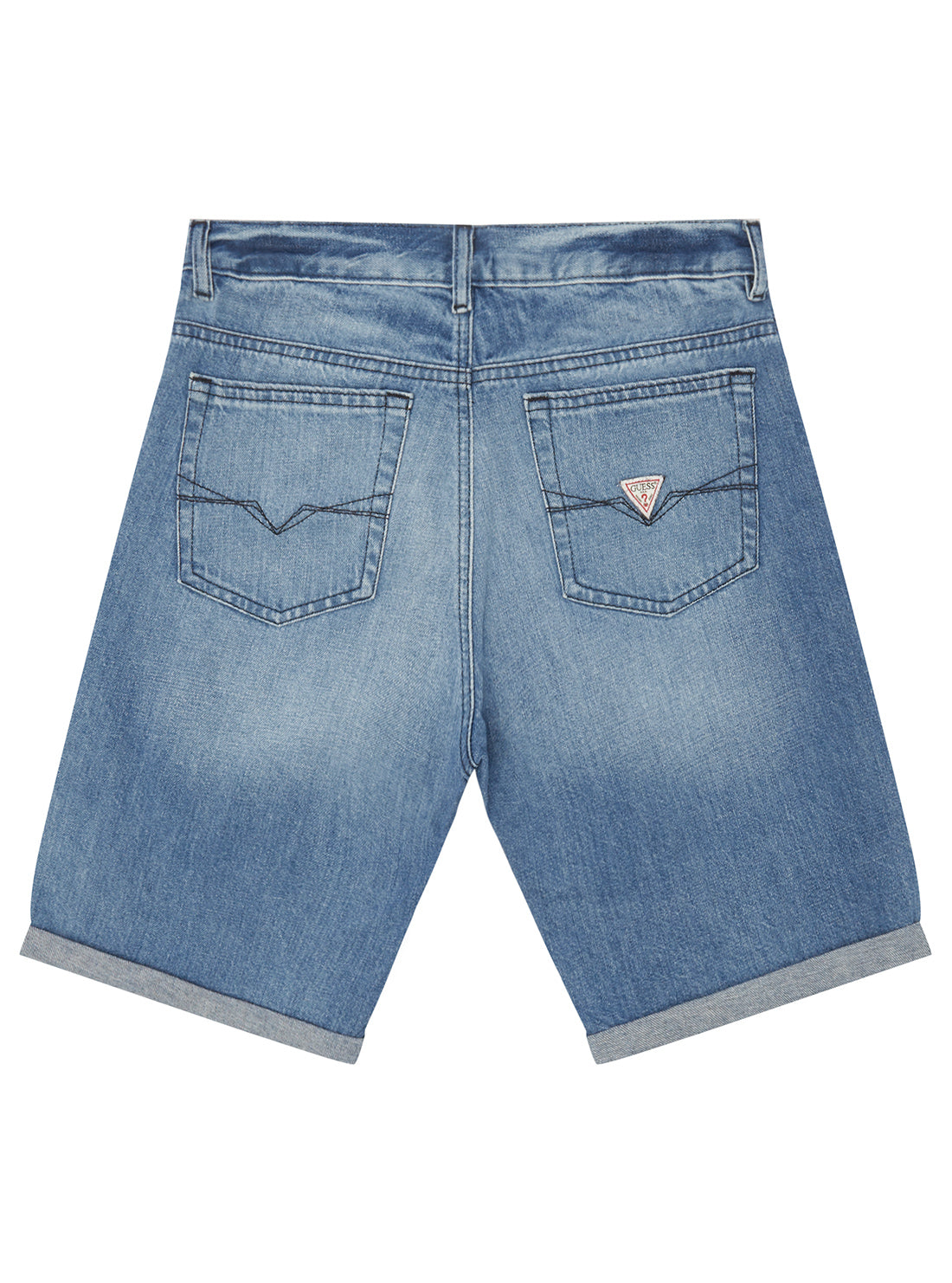 Boy's Blue Triangle Logo Mid-wash Denim Shorts (7-16) | GUESS Kids | back view