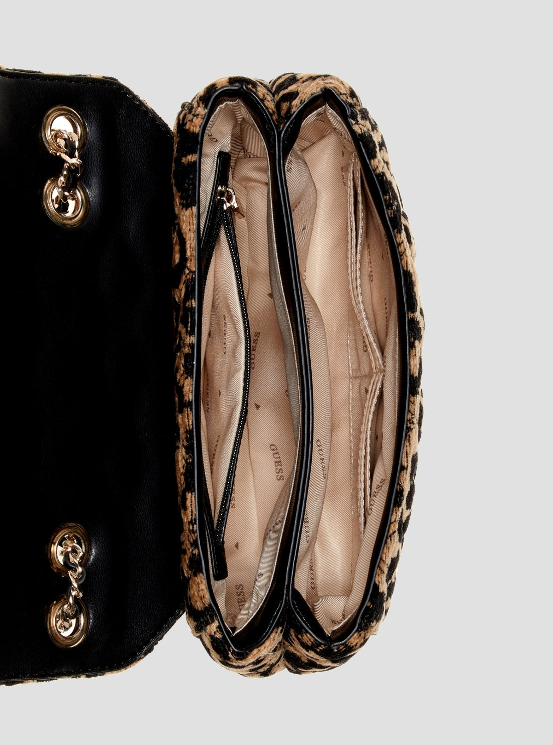 GUESS Womens Leopard Print Giully 2 Convertible Flap Bag LG967320 Inside View