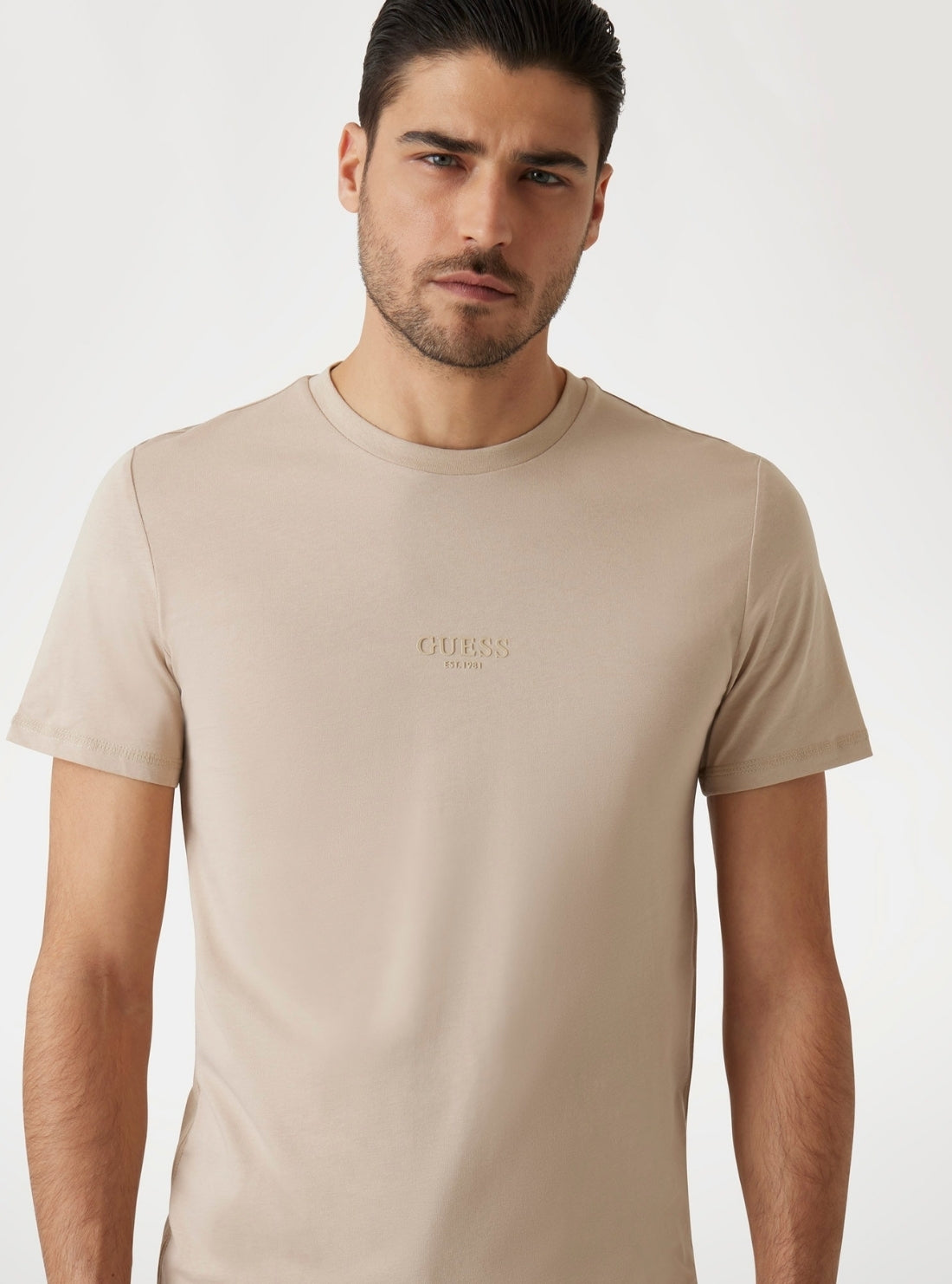 GUESS Mens Eco Beige Logo Aidy T-Shirt M2YI72I3Z14 Detail View