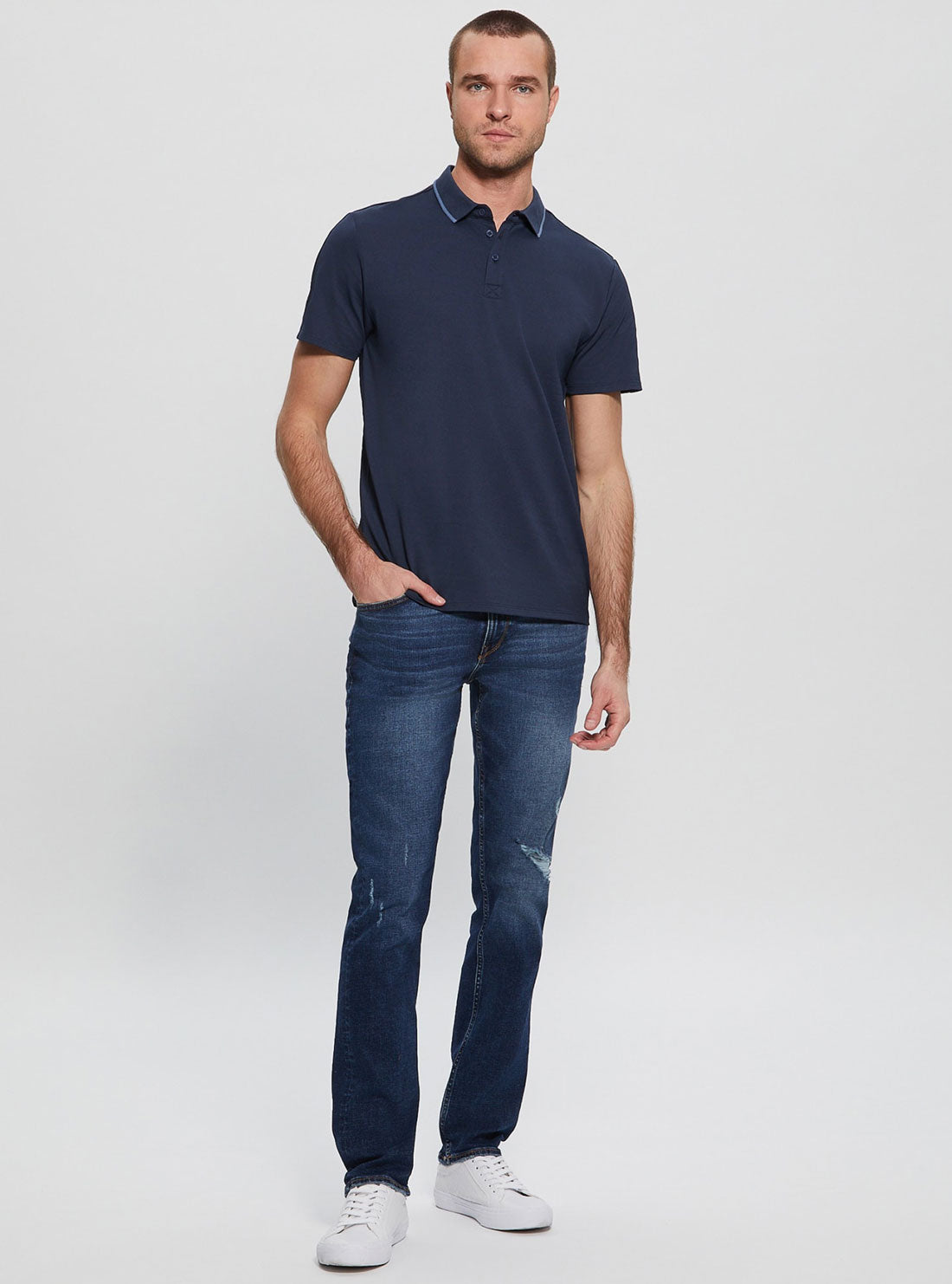 Navy Blue Paul Pique Tape Polo T-Shirt | GUESS Men's Apparel | full view