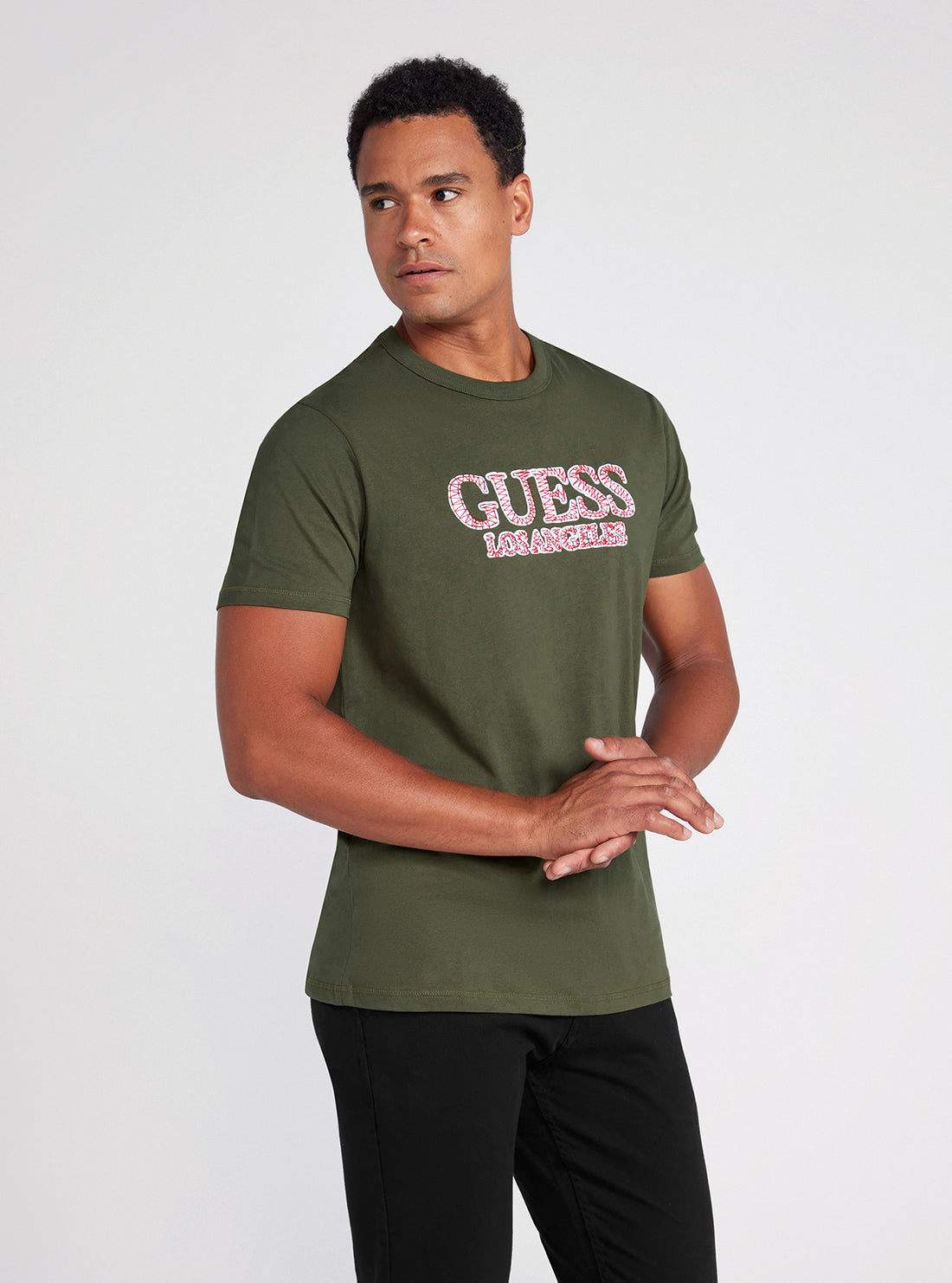 Sage Green L.A. Logo T-Shirt | GUESS Men's Apparel | front view
