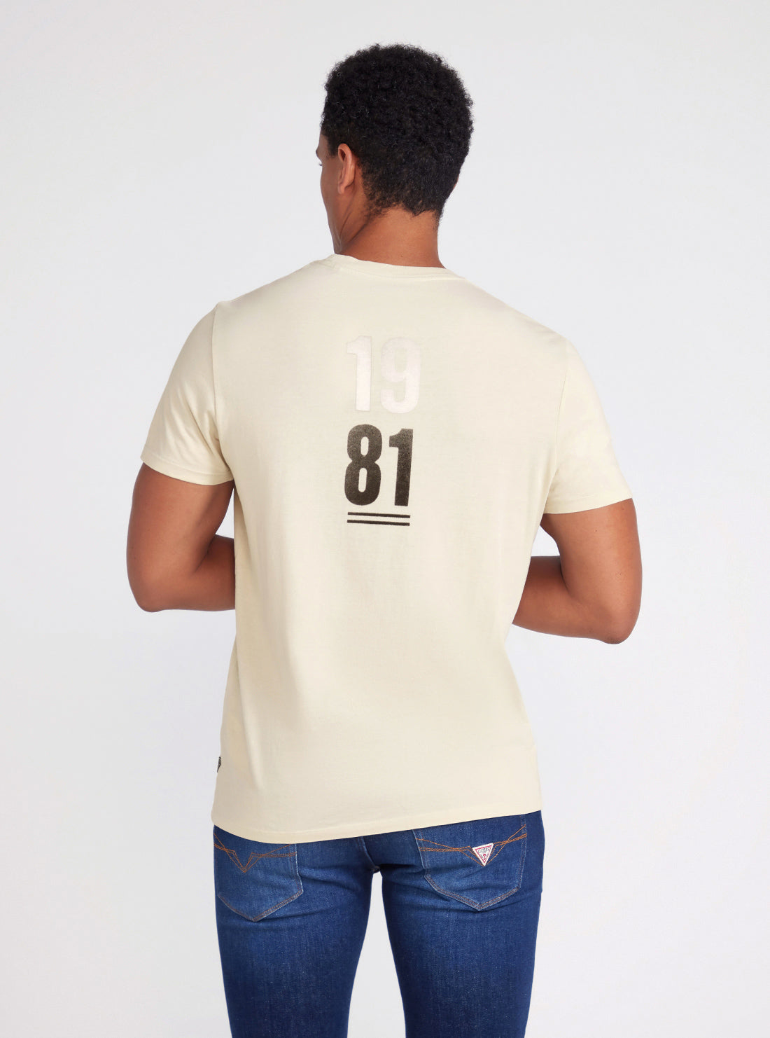 Cream Stacked 1981 Logo T-Shirt | GUESS Men's Apparel | back view