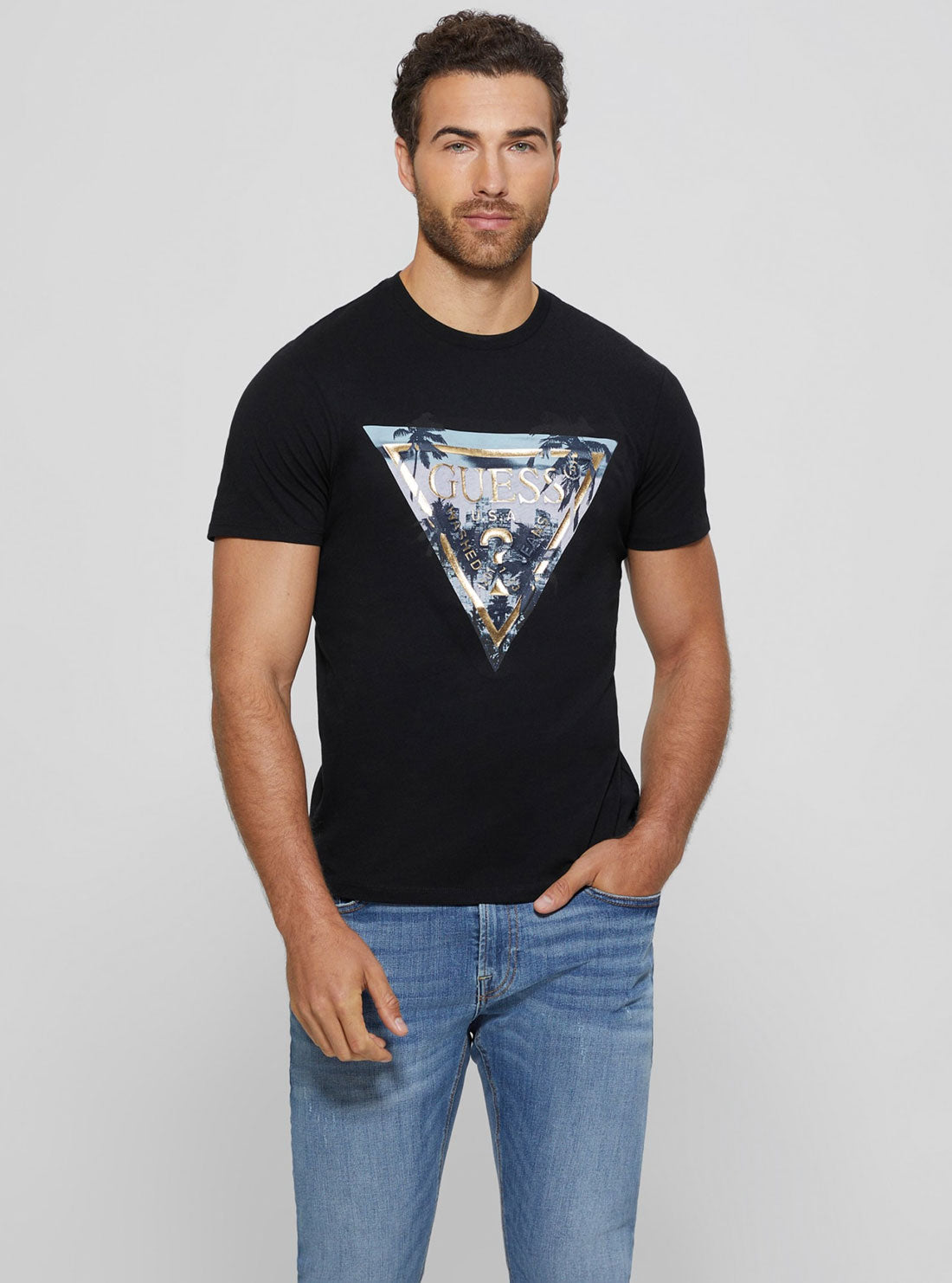 Black Palm Print Triangle Logo T-Shirt | GUESS Men's Apparel | front view