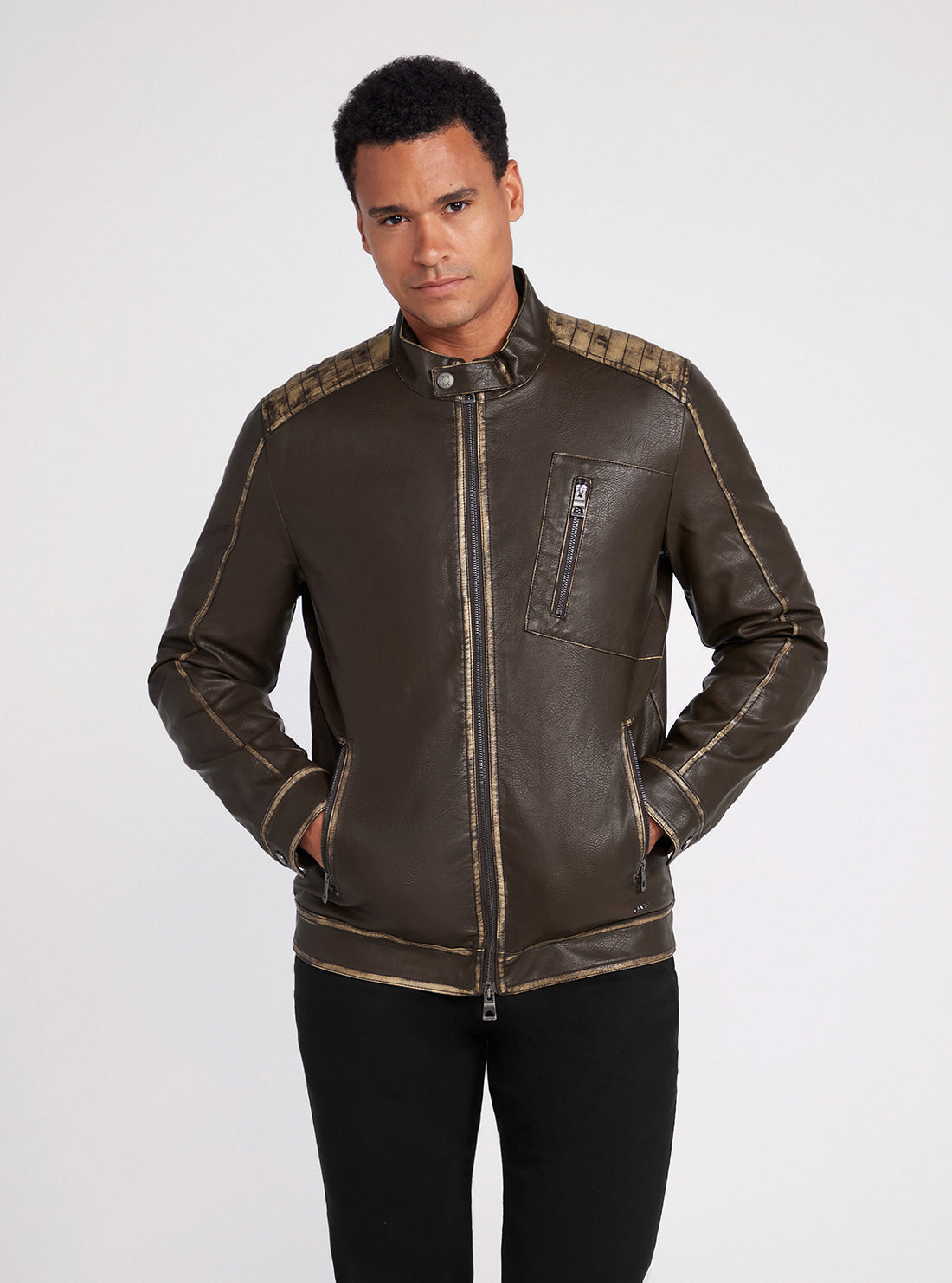 Dark Brown Washed Leather Jacket | GUESS Men's Apparel | front view