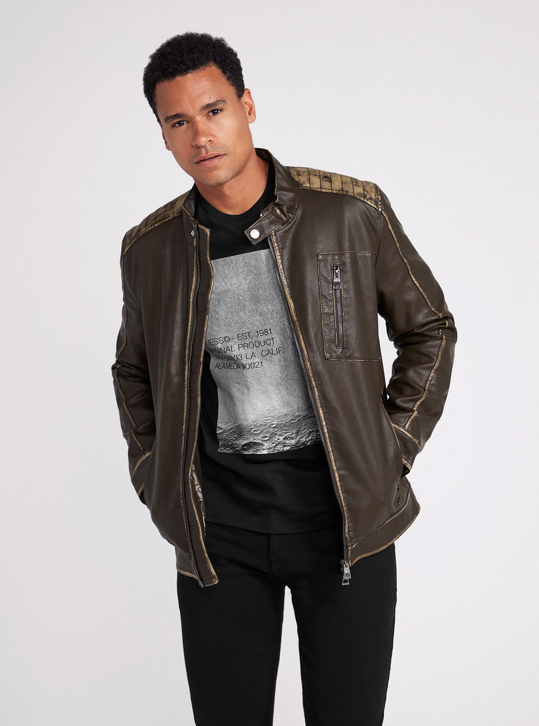 Dark Brown Washed Leather Jacket | GUESS Men's Apparel | open view