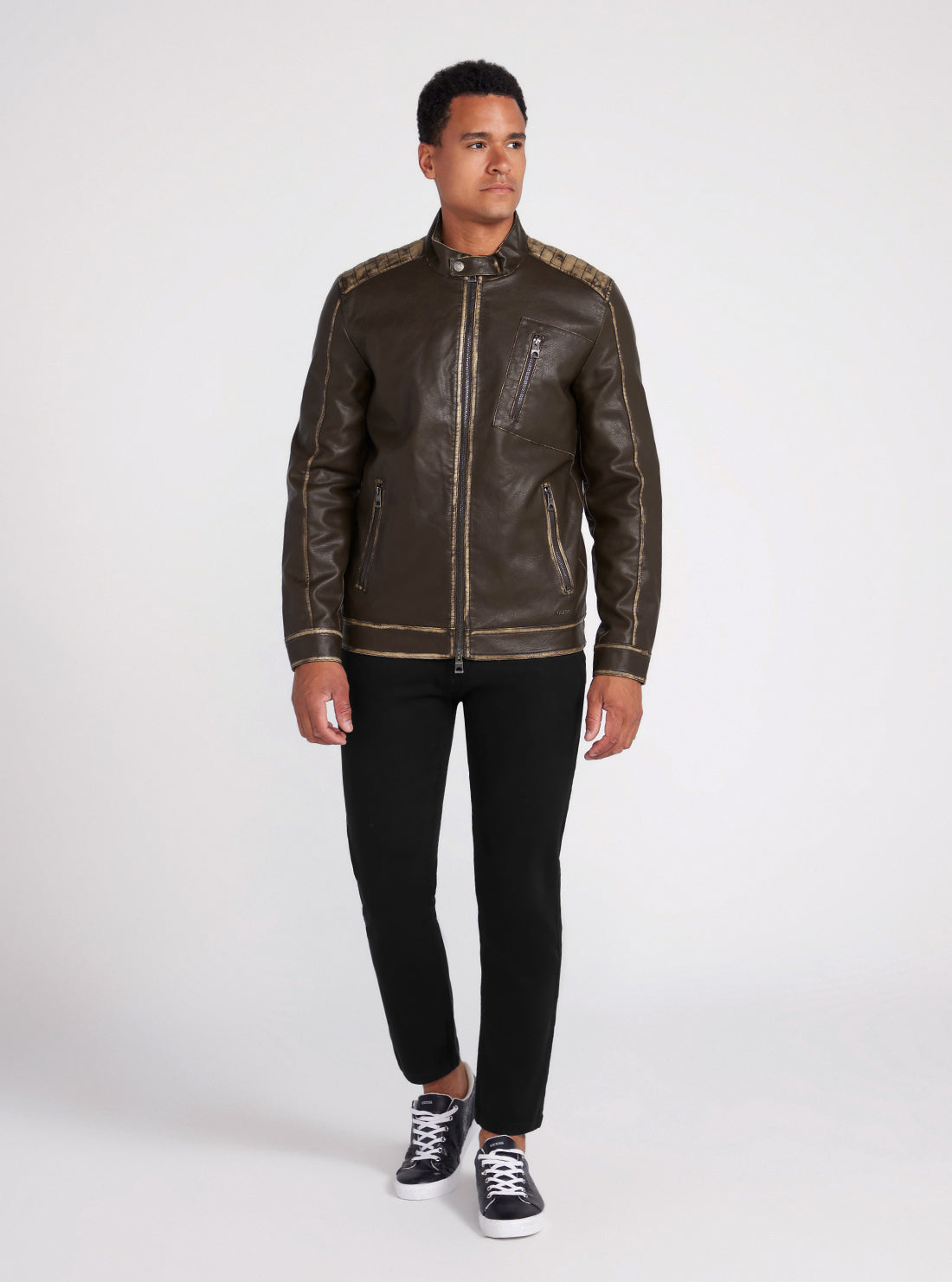 Dark Brown Washed Leather Jacket | GUESS Men's Apparel | full view