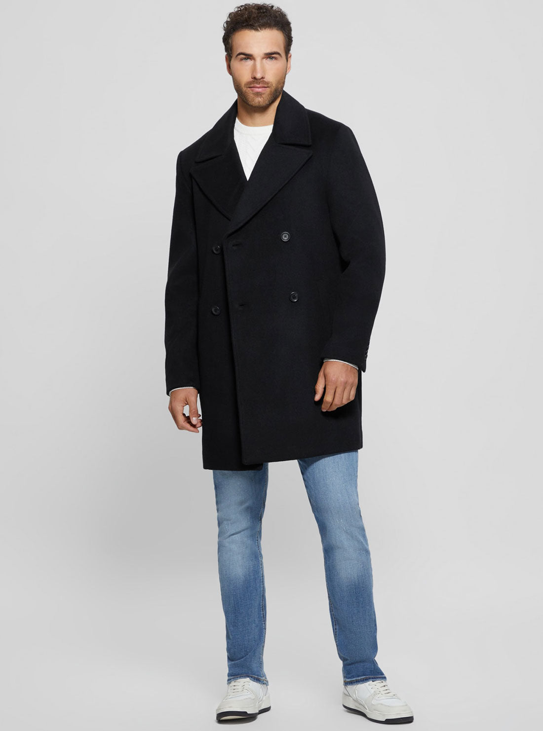Black Bel Air Melton Wool Coat | GUESS men's apparel | full view