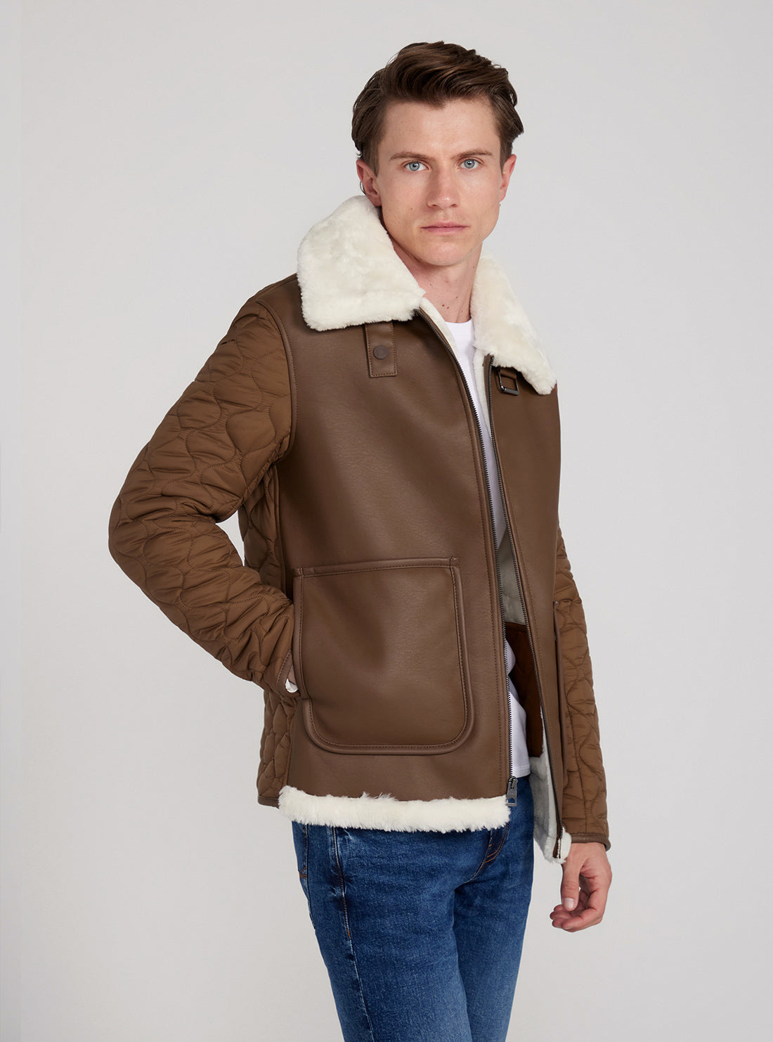 GUESS Brown Shearling Look Jacket side view