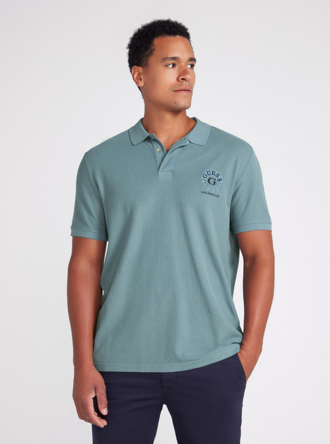 Ocean Blue Ground Logo Polo Shirt | GUESS Men's Apparel | front view