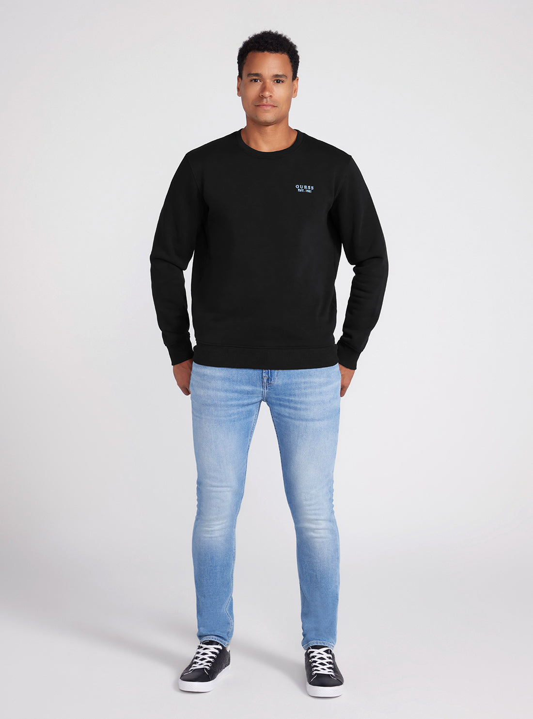 Black Back Geo-Metric Logo Print Jumper | GUESS mens's apparel | full view