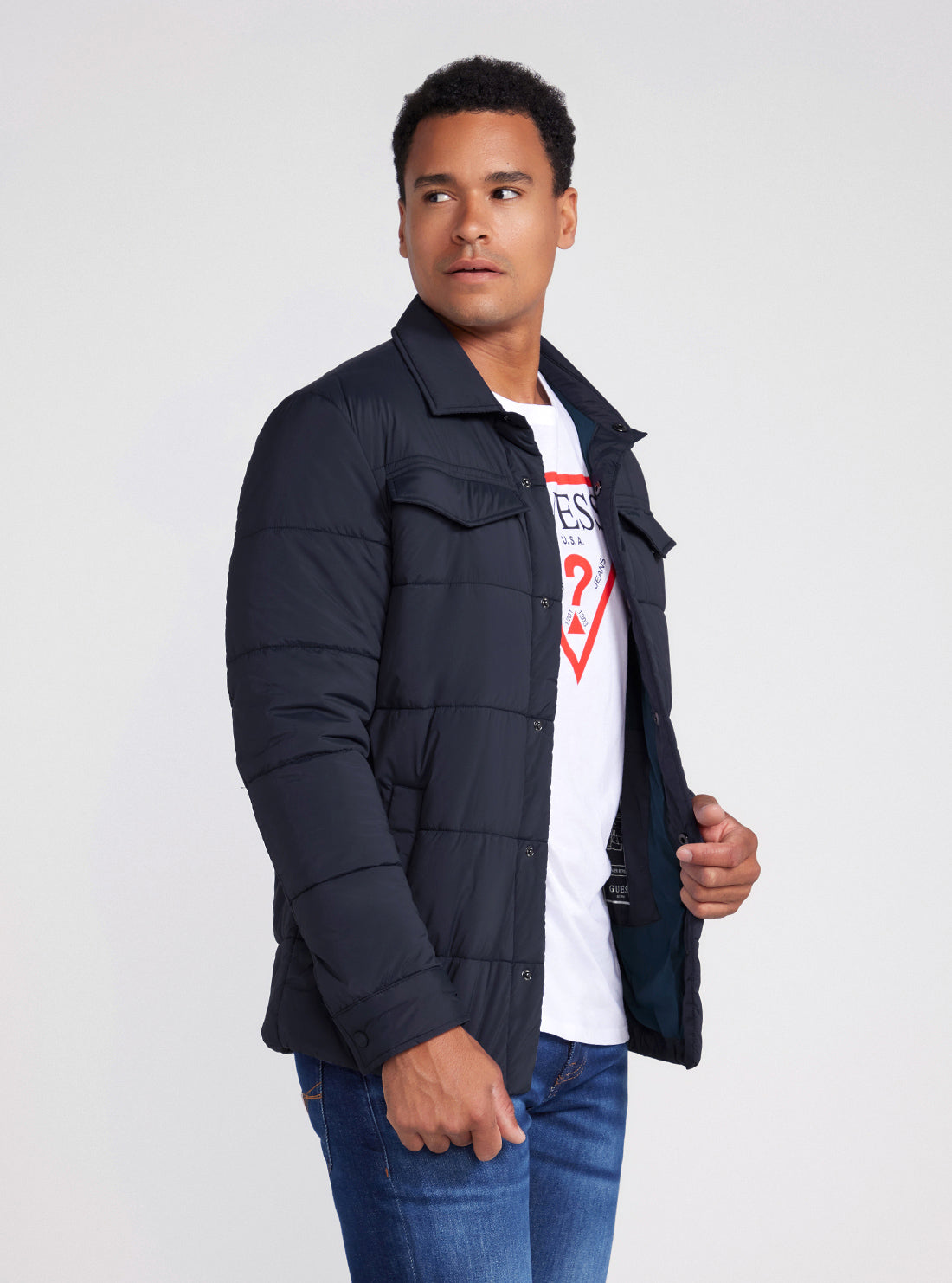 Eco Navy Blue Quilted Shacket | GUESS Men's Apparel | side view