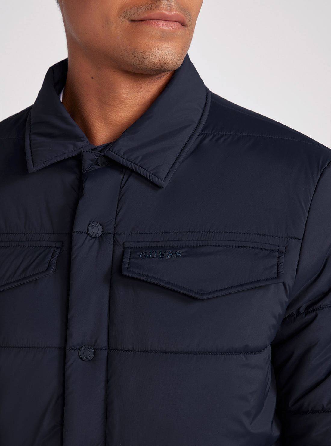 Eco Navy Blue Quilted Shacket | GUESS men's apparel | front detail view