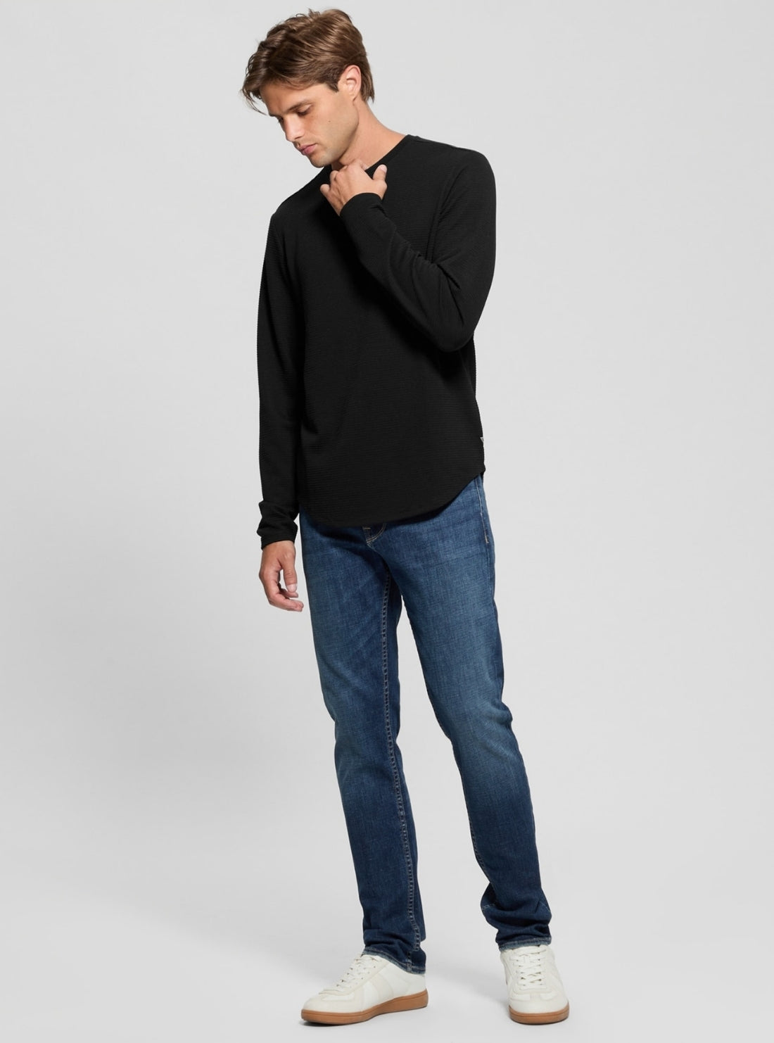 GUESS Mens Black Linear Textured Jersey Long Sleeve T-Shirt M3RP31R96F0 Full View