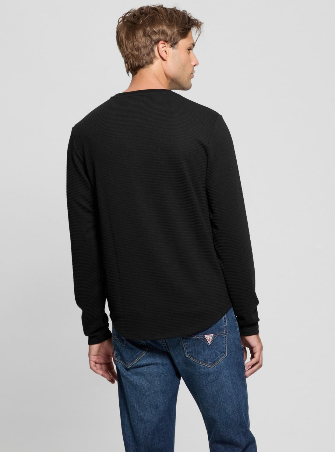 GUESS Mens Black Linear Textured Jersey Long Sleeve T-Shirt M3RP31R96F0 Back View