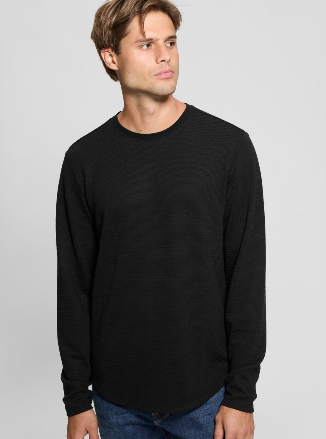 GUESS Mens Black Linear Textured Jersey Long Sleeve T-Shirt M3RP31R96F0 Front Side View