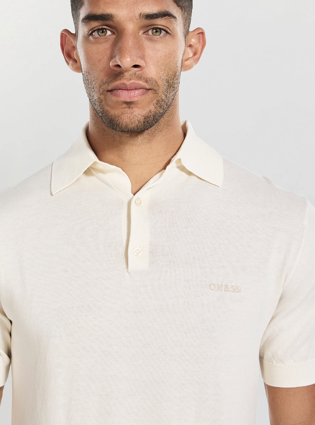 GUESS Mens White Cree Knitted Polo Sweater Shirt M4GR07Z3DN1 Detail View