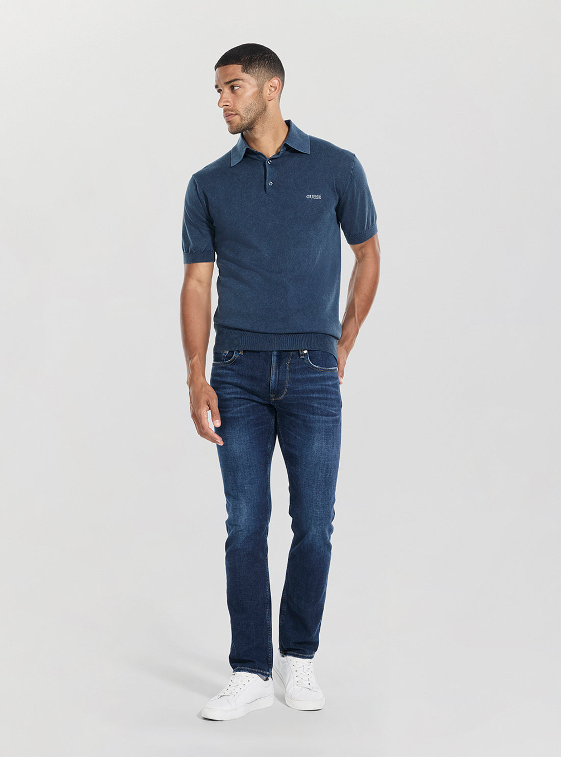 GUESS Mens Blue Cree Washed Polo Sweater Shirt M4GR07Z3DN1 Full View
