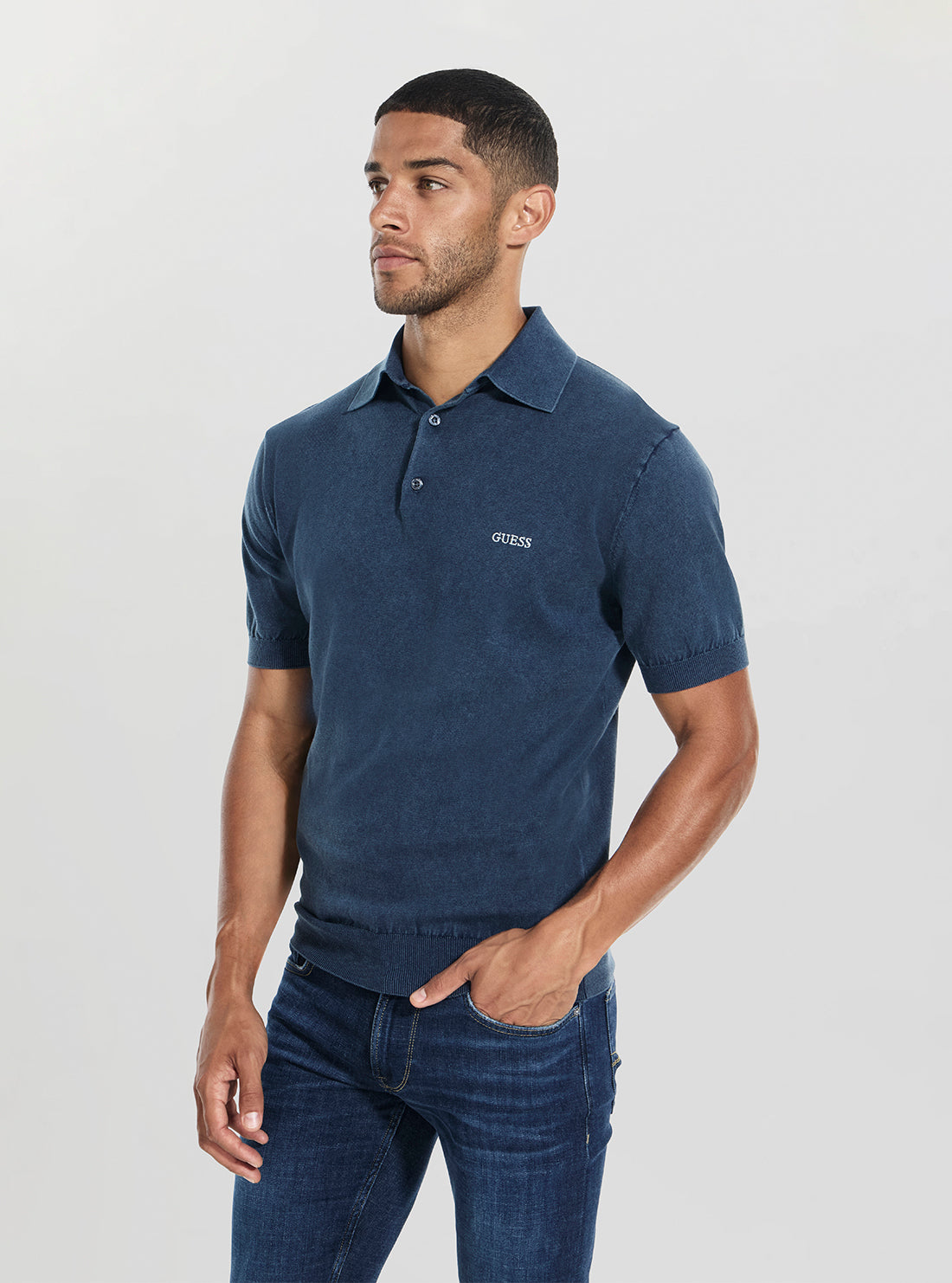 GUESS Mens Blue Cree Washed Polo Sweater Shirt M4GR07Z3DN1 Side View