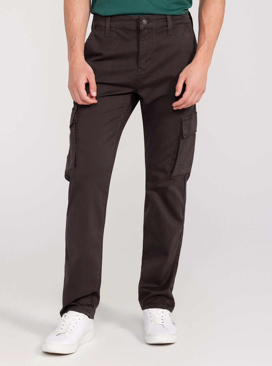 GUESS Brown Sateen Coated Cargo Pants front view
