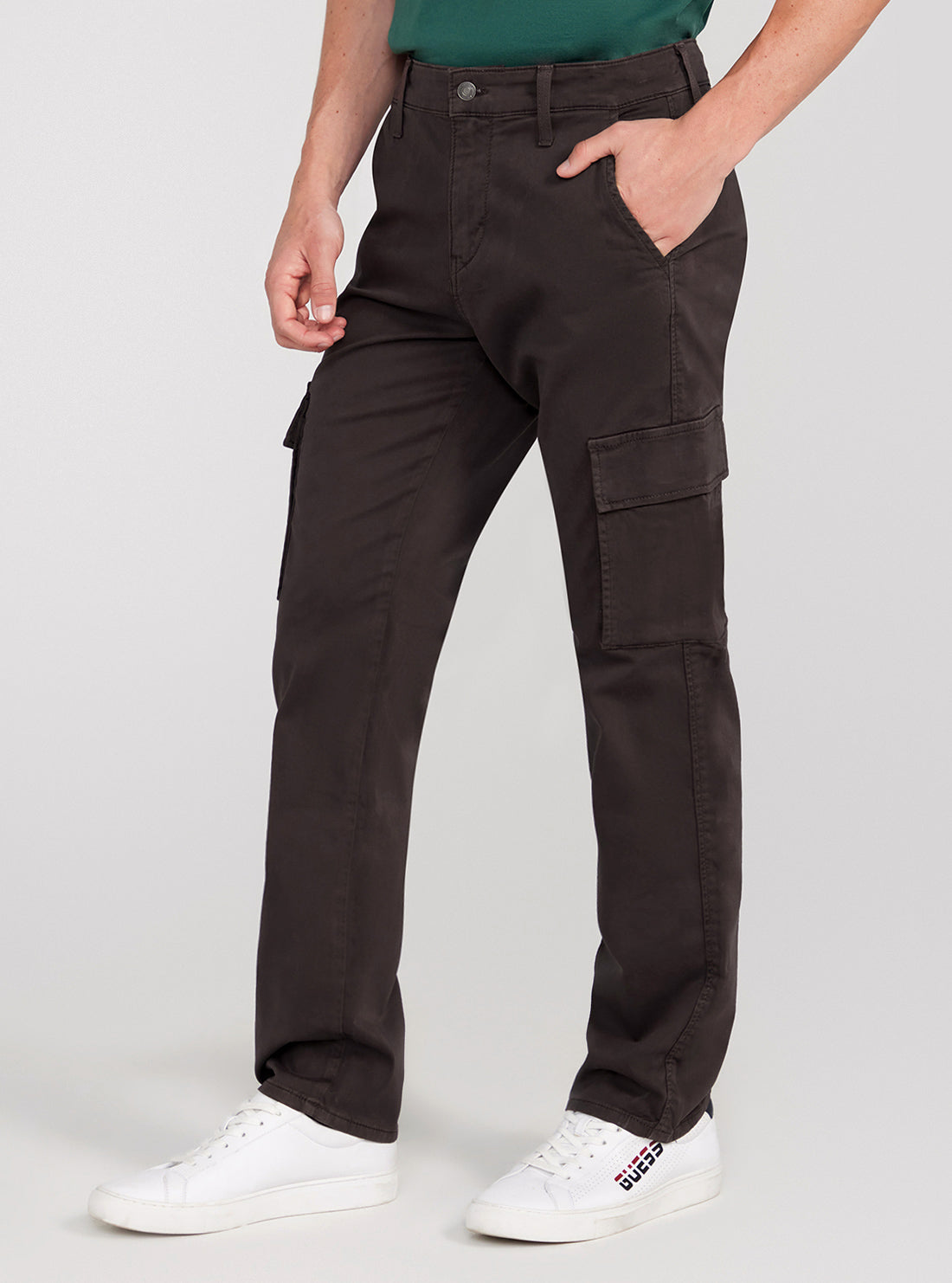 GUESS Brown Sateen Coated Cargo Pants side view