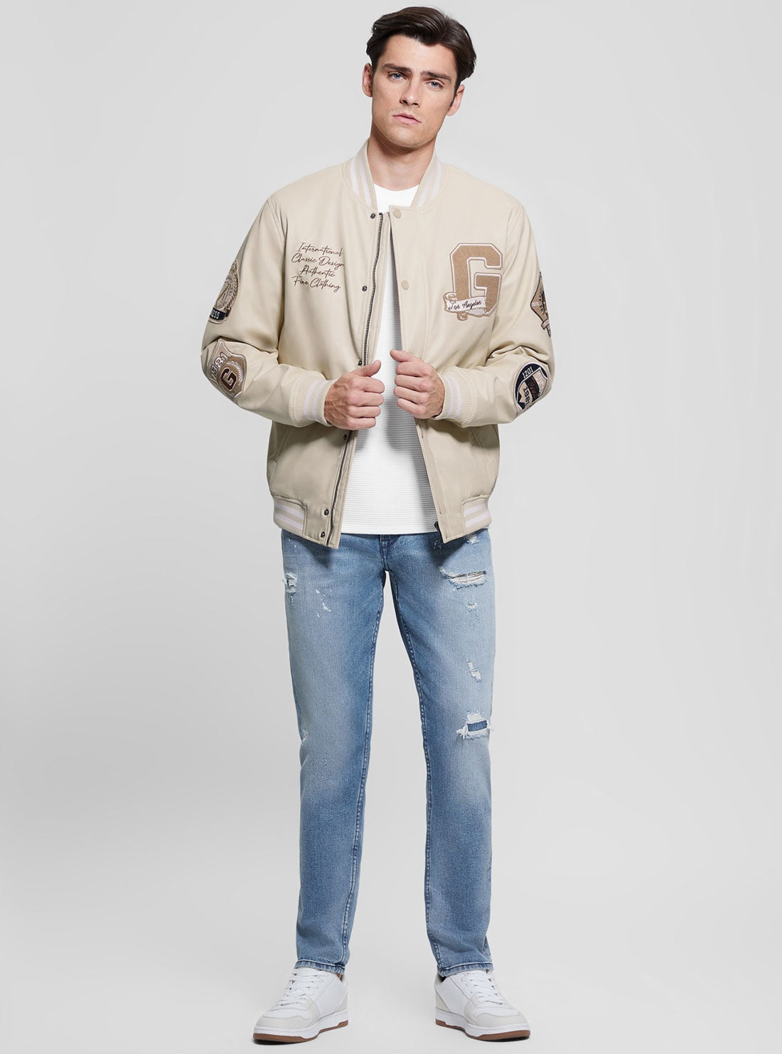 GUESS Beige Varsity Bomber Jacket full view