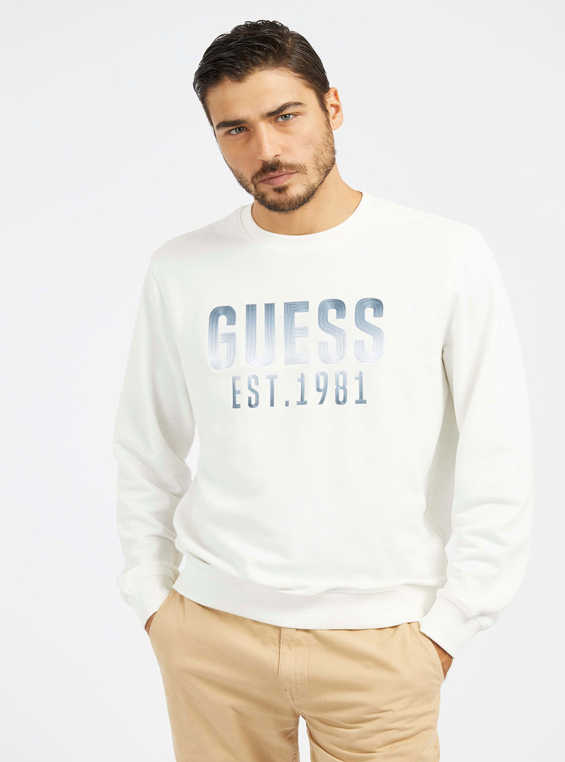 GUESS Eco White Beau Crew Neck Jumper front view