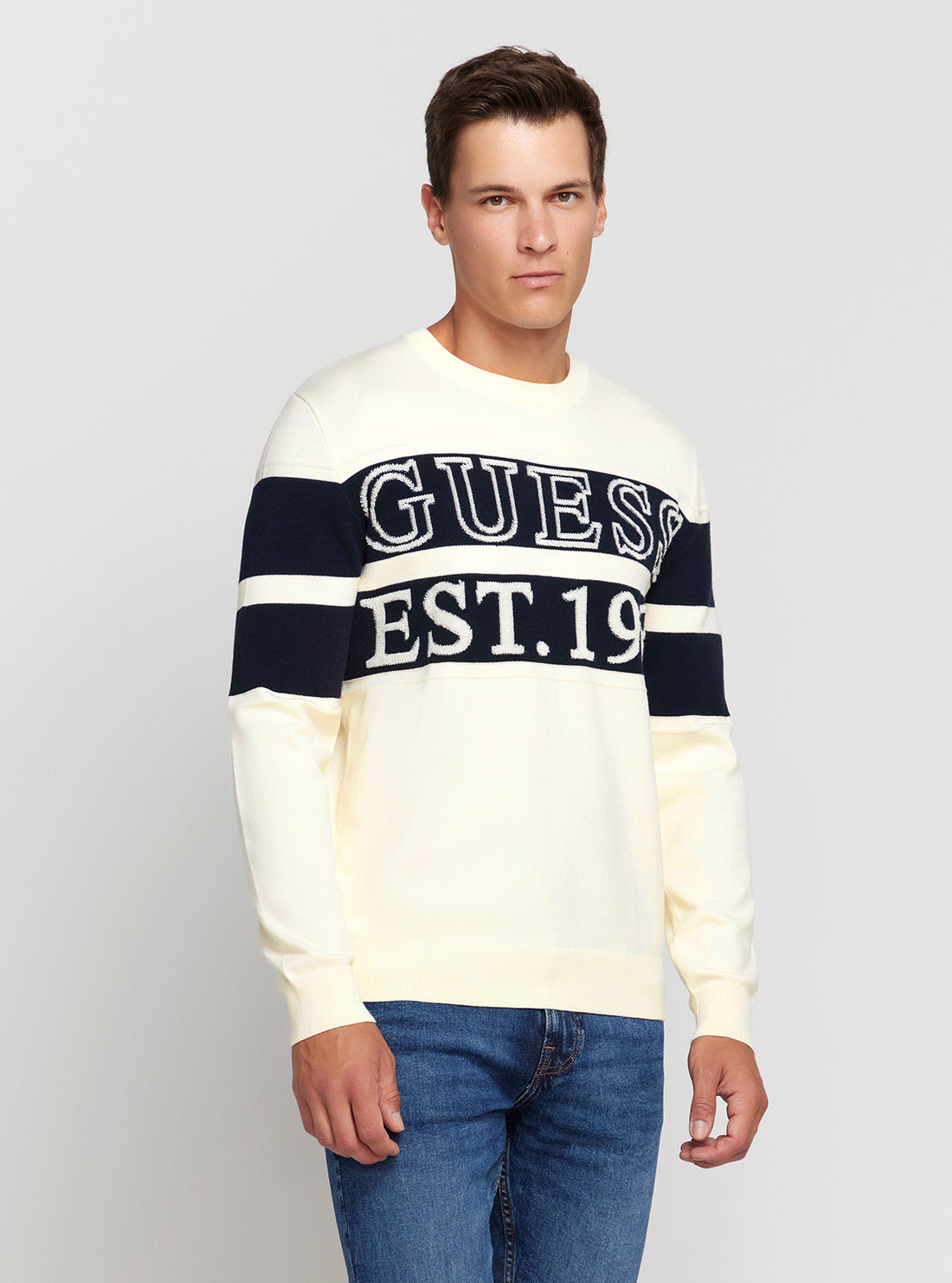 GUESS White Bruno Long Sleeve Jumper front view