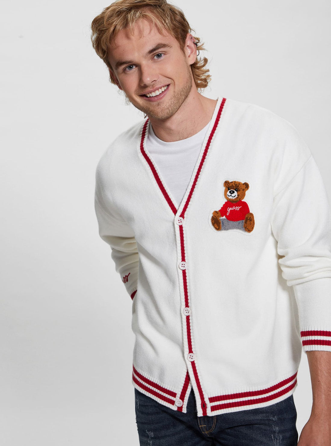 GUESS White Liam Bear Patch Cardigan detail view