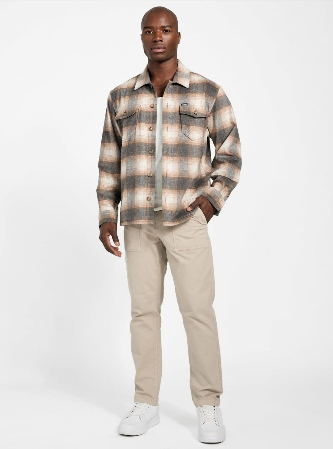 GUESS Mens Eco Beige Checkered Wool-Blend Overshirt M5BH31W2012  Full View