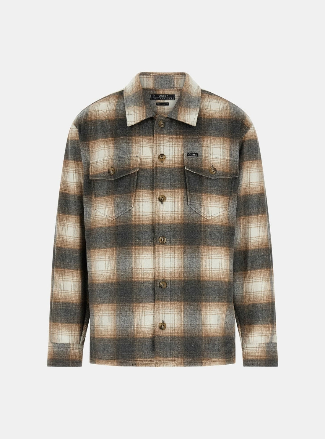 GUESS Mens Eco Beige Checkered Wool-Blend Overshirt M5BH31W2012  Flatlay