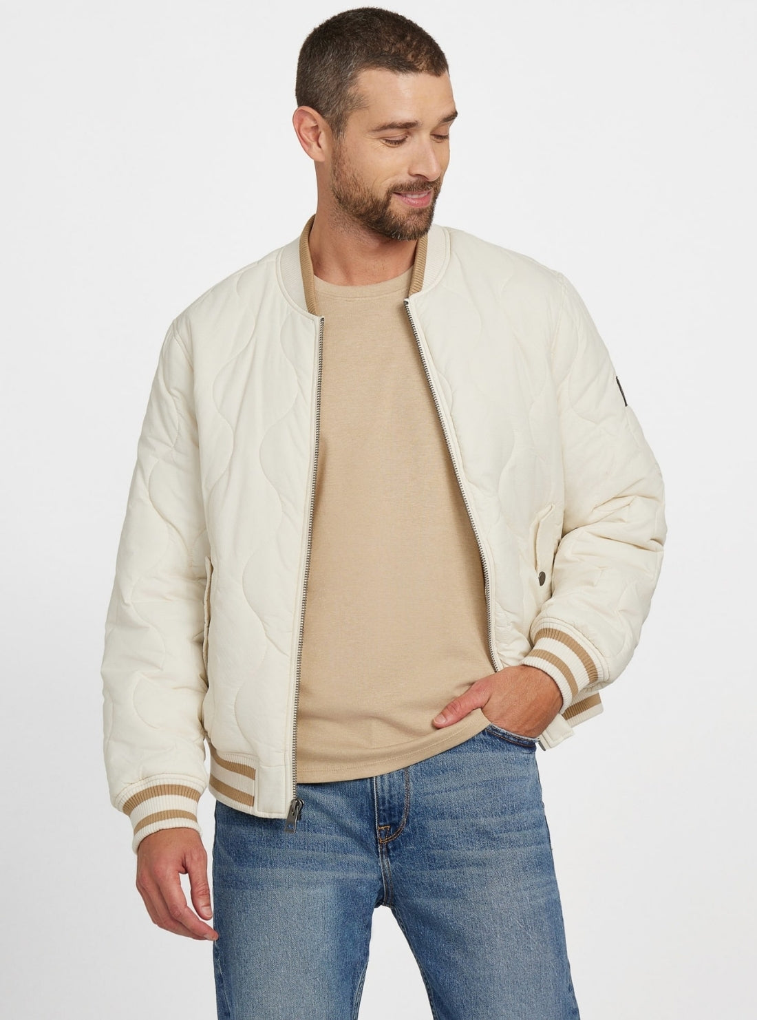 GUESS Mens White Alameda Ripstop Flight Bomber Jacket M5BL0EWFSZ2 Front View