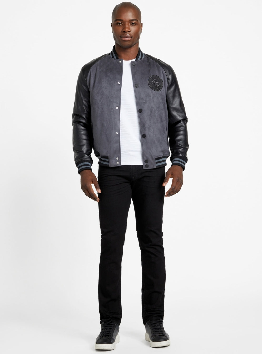 GUESS Mens Eco Black Varsity Bomber Jacket M5BL2BK1062 Full View
