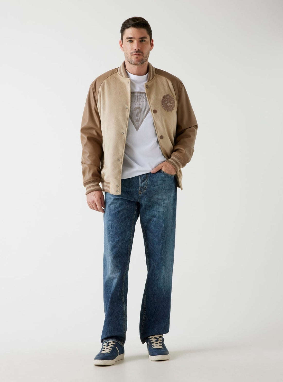 GUESS Mens Brown Varsity Bomber Jacket M5BL2BK1062 Full View