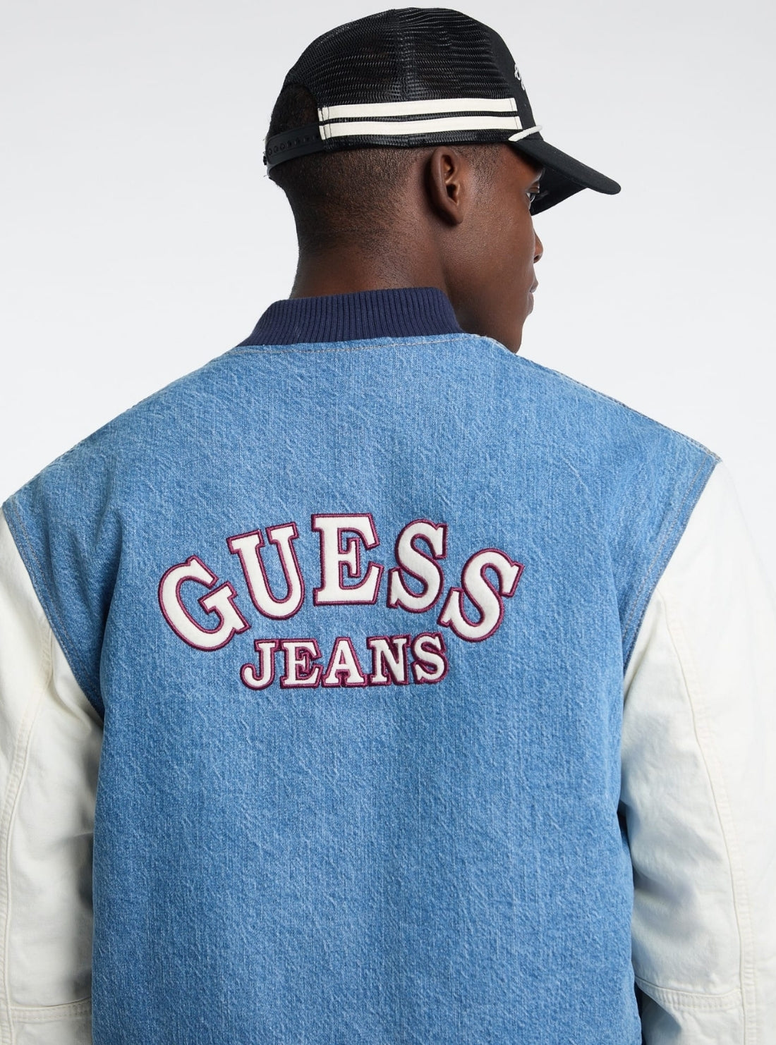 Guess Jeans Blue Denim Letterman Jacket M5BN59D5M54 Back Detail View
