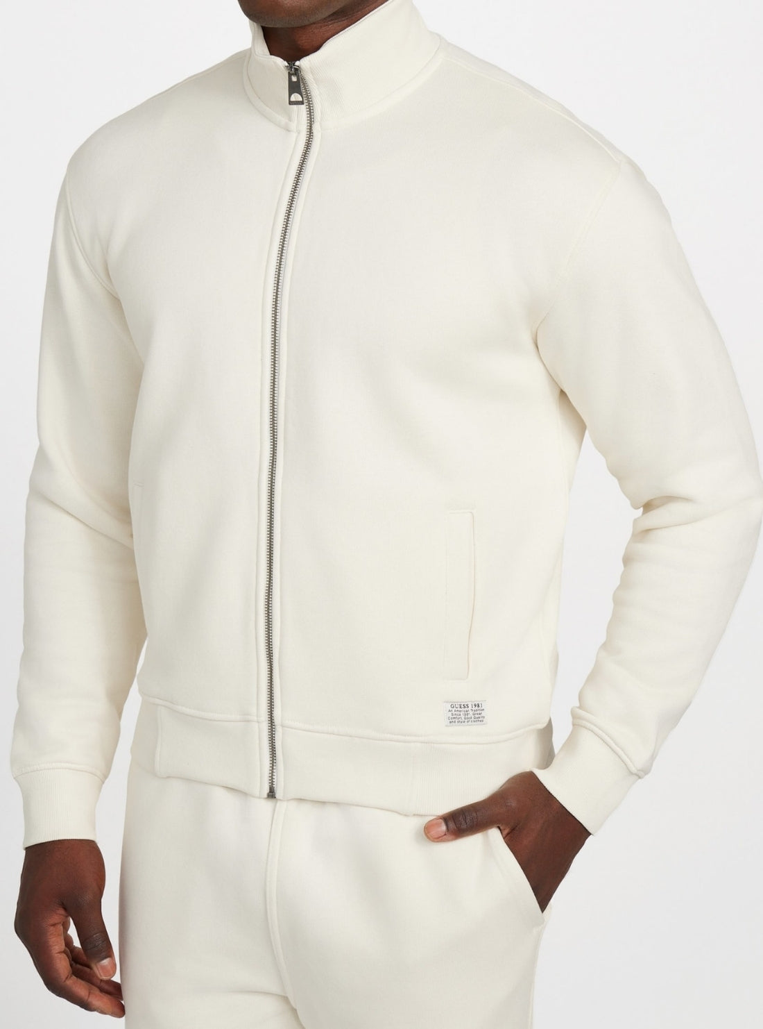 GUESS Mens White 1981 Label Mockneck Jacket M5BQ70K9V31 Detail View